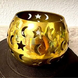 Vintage Brass Moon & Stars Celestial Votive Tea Light Candle Holder